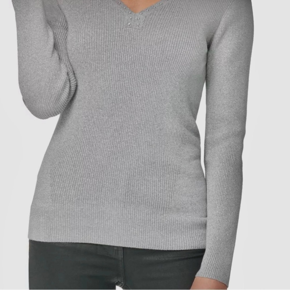 DKNY M Sparkly silver metallic thread grey ribbed V-neck knit top Size Medium - Picture 5 of 15